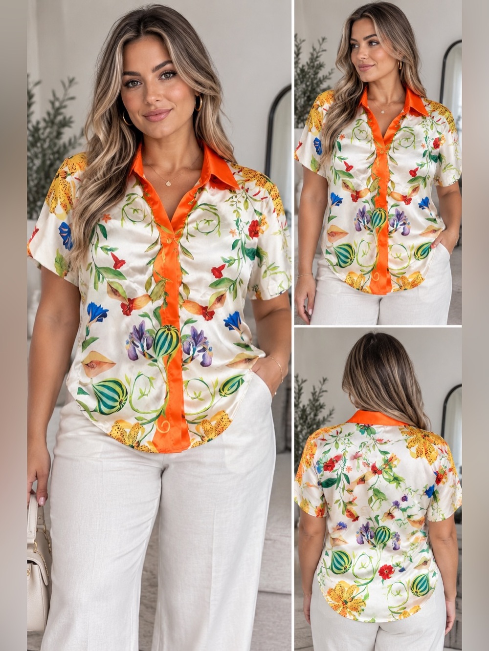 Micas Floral Satin Button-Up Top with Orange Trim - Women's S ZZ2-5
